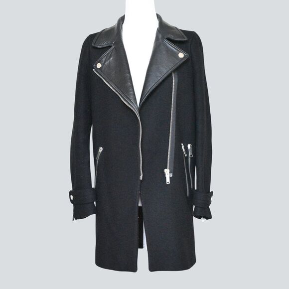 ZARA Wool-Blend with a Lambskin Leather Asymmetric Moto/Biker Coat Size S - Picture 1 of 8